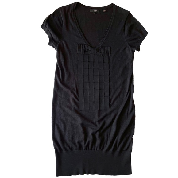 Ted Baker Black Cotton Knit V Neck Ribbon Dress | 3 (M) - Picture 7 of 10